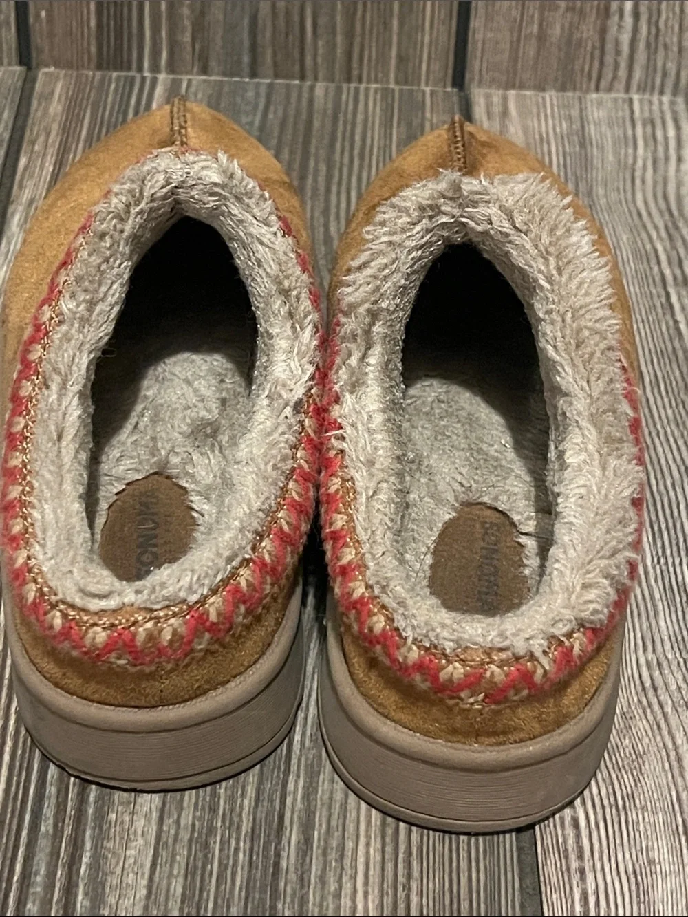 Sonoma Brown Suede Kids Slip-On Slippers with Red Trim